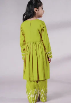 Lace Border Cotton A Line Suit in Olive Green