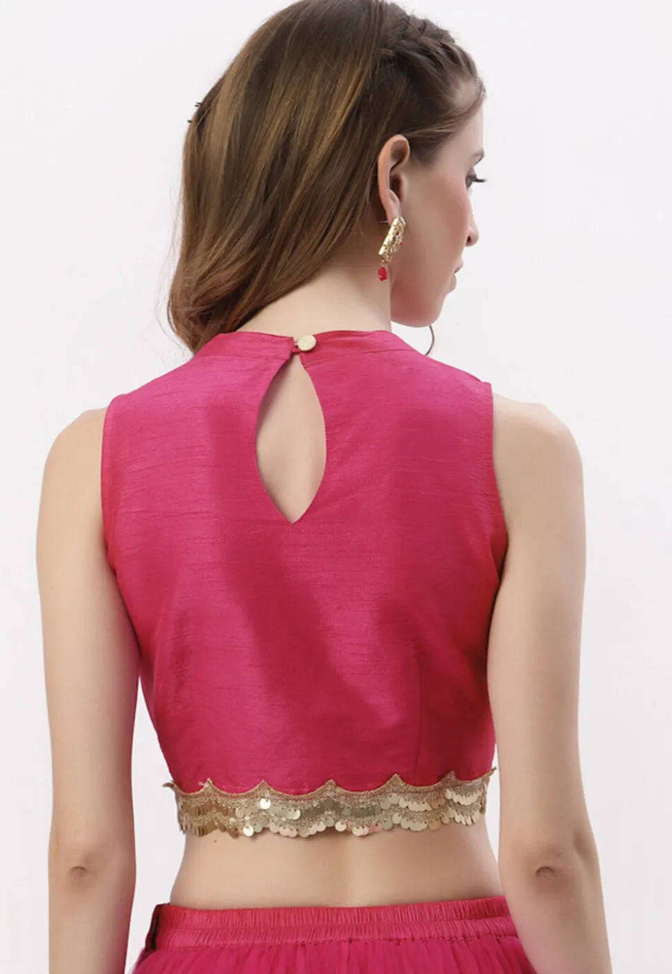 Lace Border Dupion Silk Blouse in Fuchsia