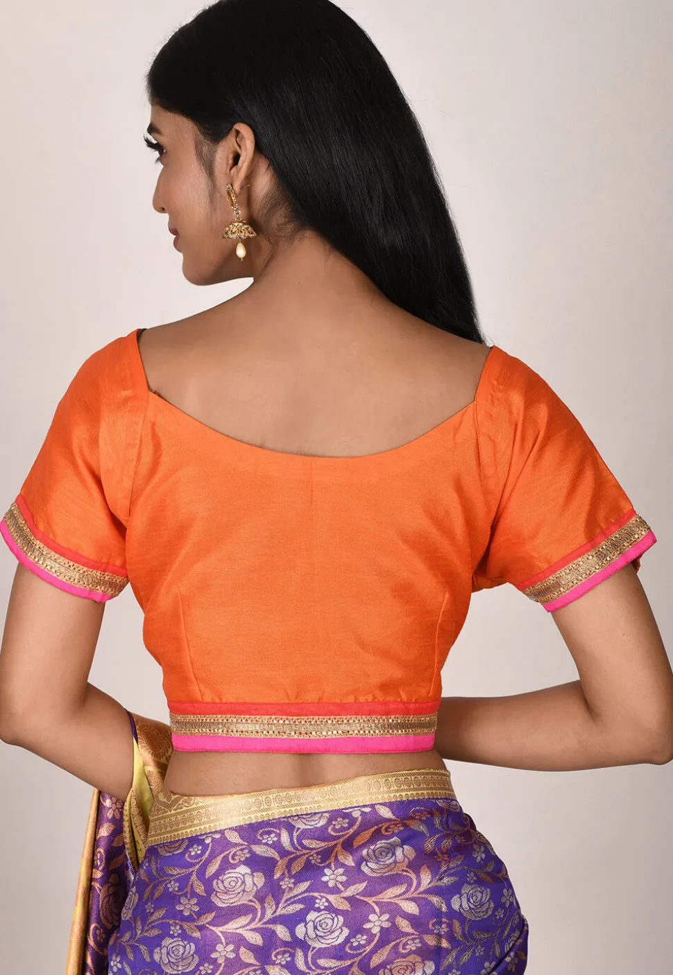 Lace Border Dupion Silk Blouse in Orange