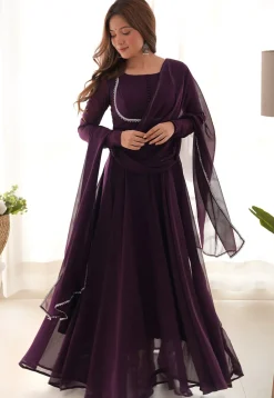 Lace Border Georgette Abaya Style Suit in Wine