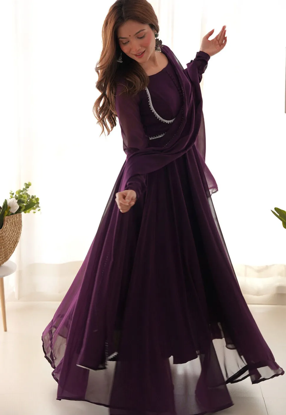 Lace Border Georgette Abaya Style Suit in Wine