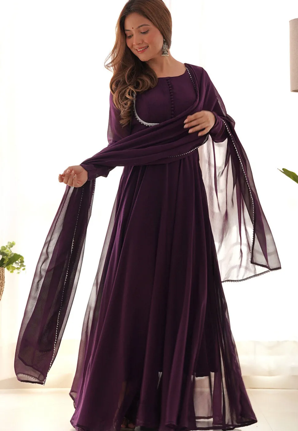 Lace Border Georgette Abaya Style Suit in Wine