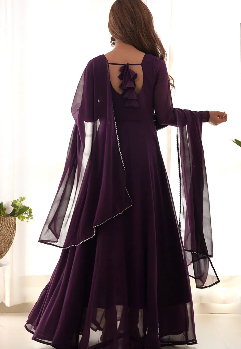 Lace Border Georgette Abaya Style Suit in Wine