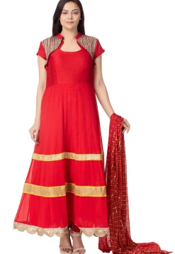 Lace Border Georgette Anarkali Suit in Red