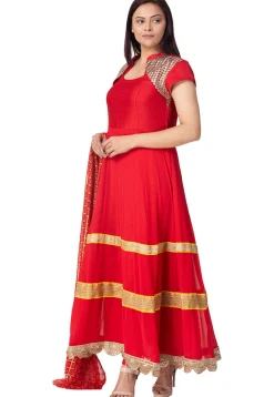 Lace Border Georgette Anarkali Suit in Red