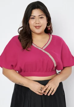 Lace Border Georgette Blouse in Fuchsia