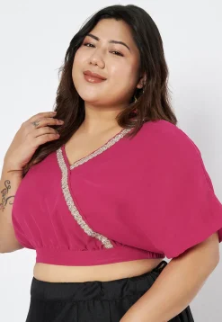 Lace Border Georgette Blouse in Fuchsia