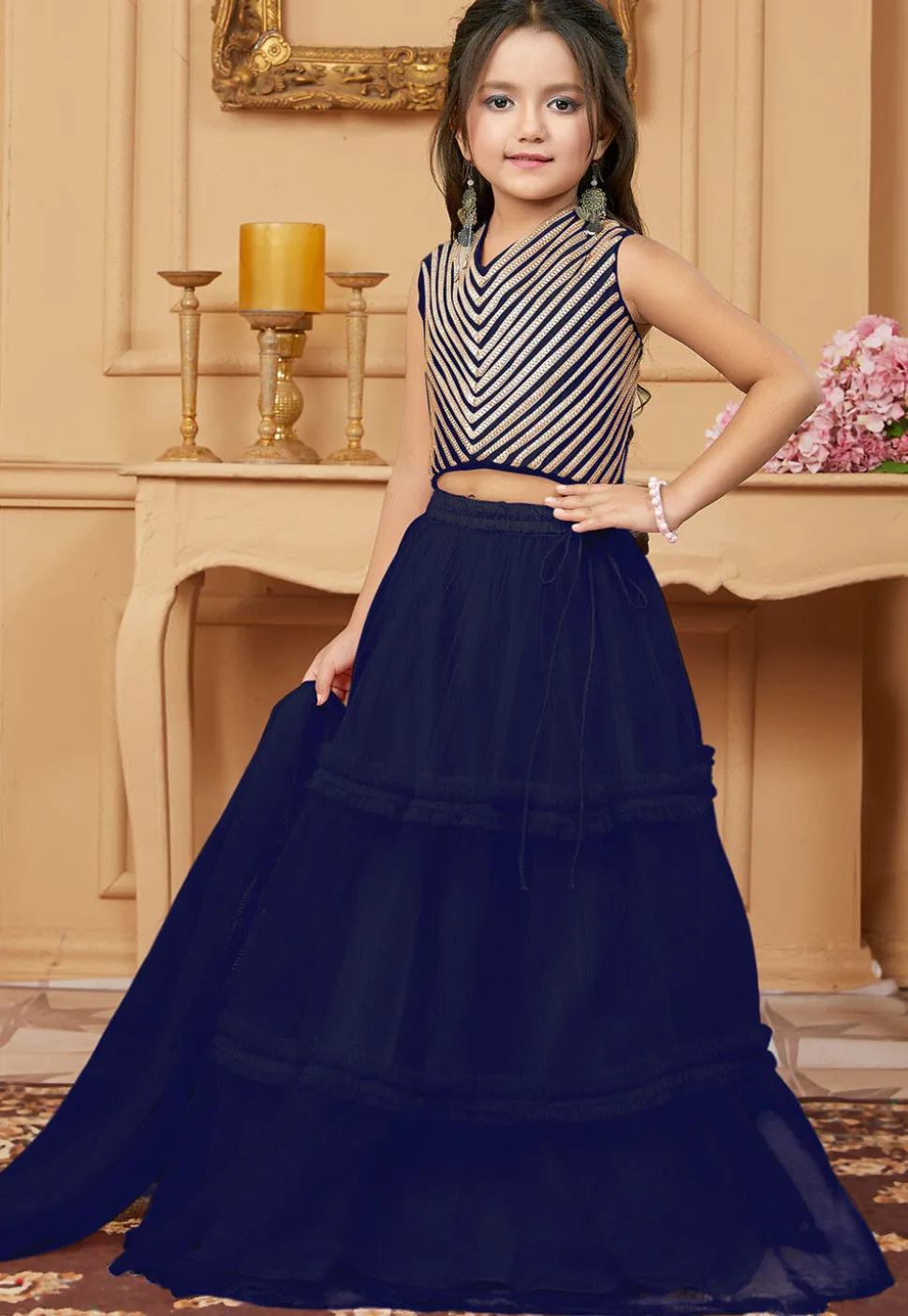 Lace Border Net Lehenga in Navy Blue