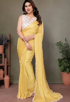 Lace Border Polyester Saree in Yellow