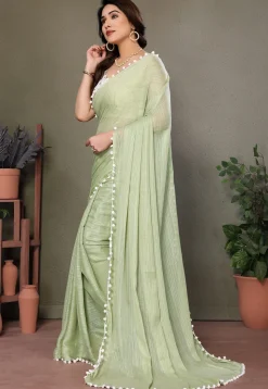 Lace Border Polyester Saree in Pastel Green