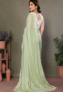 Lace Border Polyester Saree in Pastel Green