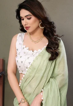 Lace Border Polyester Saree in Pastel Green