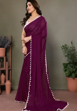 Lace Border Polyester Saree in Purple