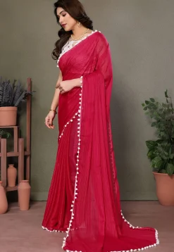 Lace Border Polyester Saree in Fuchsia