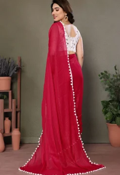 Lace Border Polyester Saree in Fuchsia