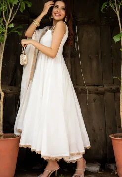 Lace Border Pure Chanderi Silk Anarkali Suit in White
