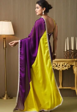 Lace Border Satin Georgette Saree in Dark Purple