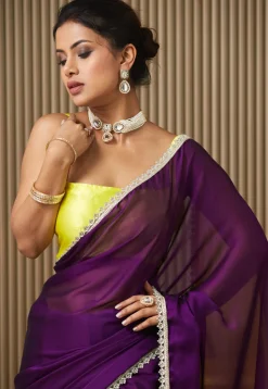 Lace Border Satin Georgette Saree in Dark Purple