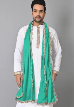 Lace Border Satin Men Dupatta in Sea Green