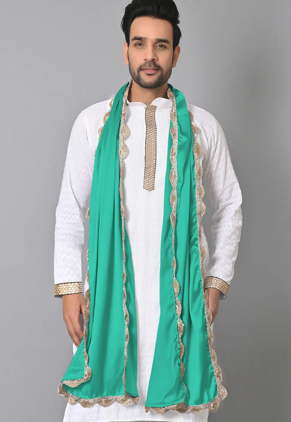Lace Border Satin Men Dupatta in Sea Green