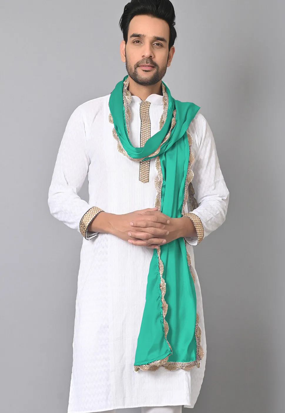 Lace Border Satin Men Dupatta in Sea Green