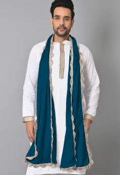 Lace Border Satin Men Dupatta in Teal Blue