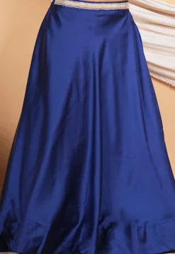 Lace Border Satin Skirt in Navy Blue