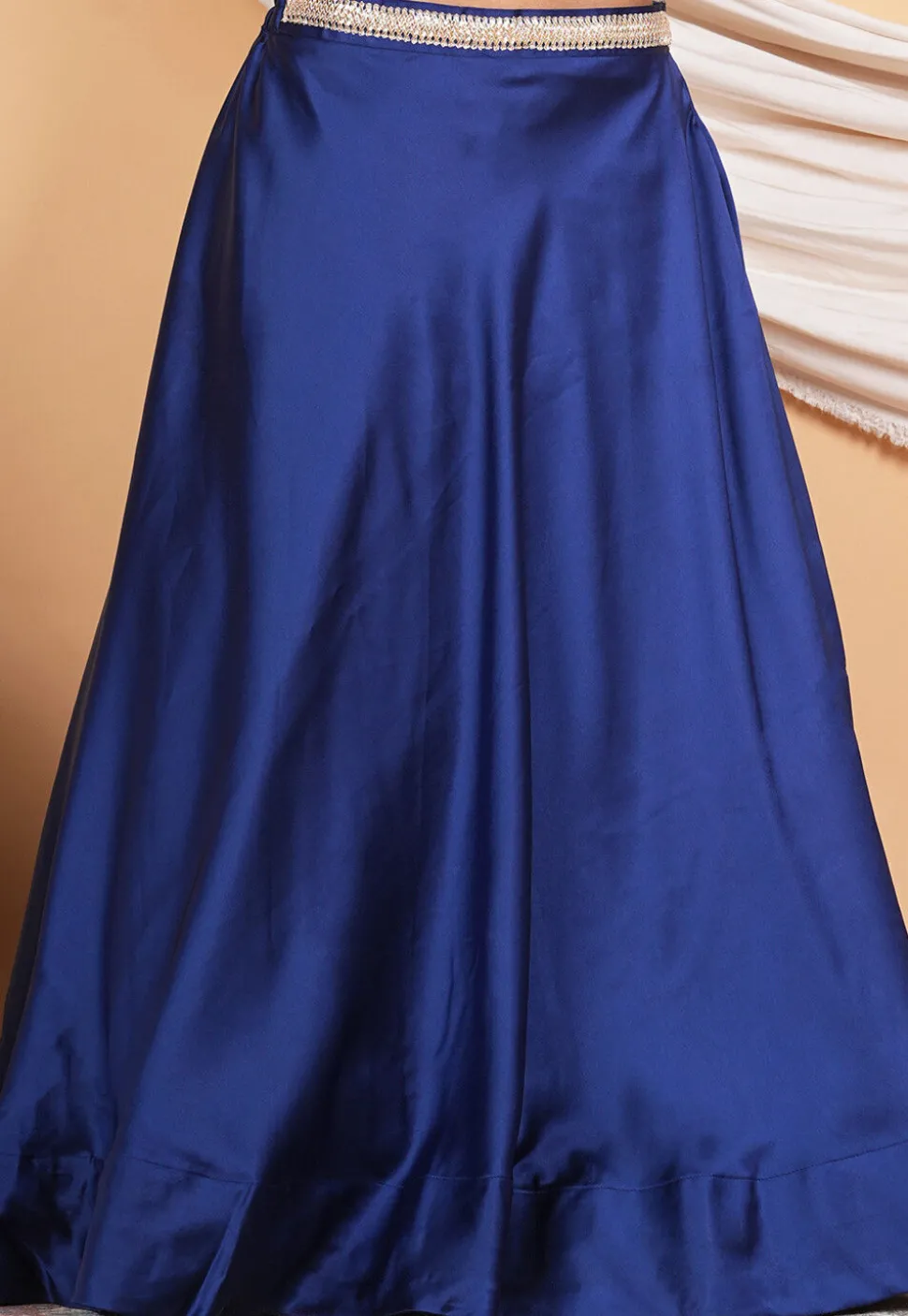Lace Border Satin Skirt in Navy Blue