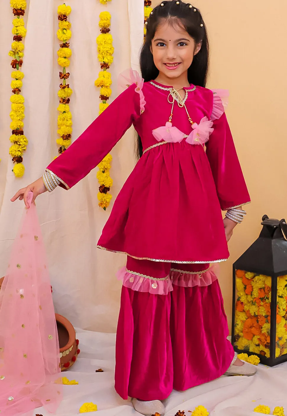Lace Border Velvet Pakistani Suit in Fuchsia