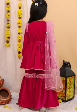 Lace Border Velvet Pakistani Suit in Fuchsia