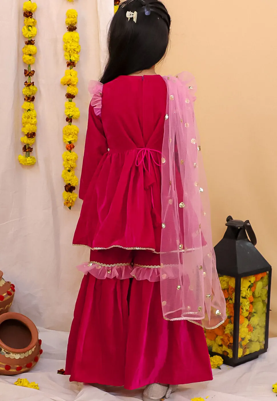 Lace Border Velvet Pakistani Suit in Fuchsia