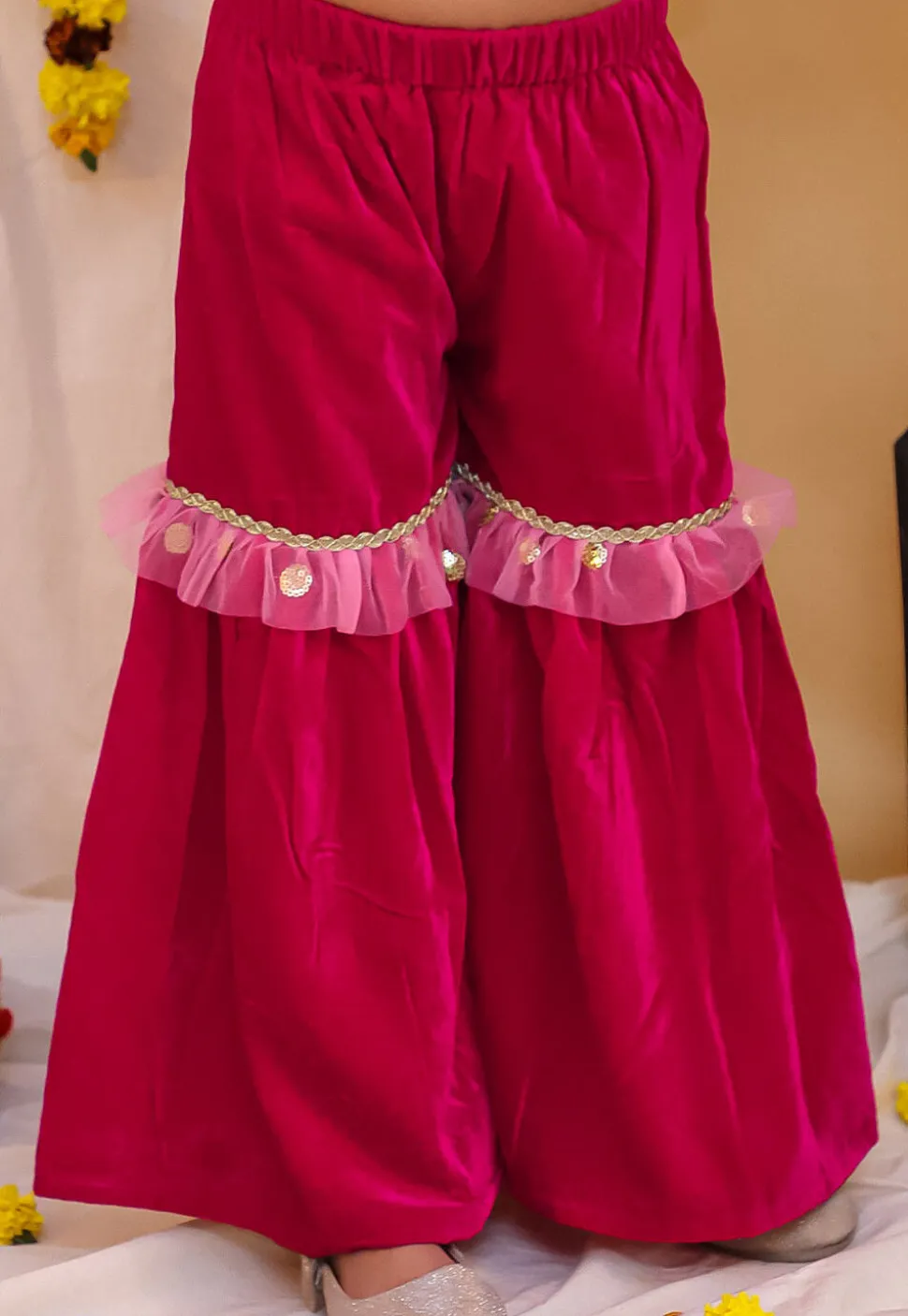 Lace Border Velvet Pakistani Suit in Fuchsia