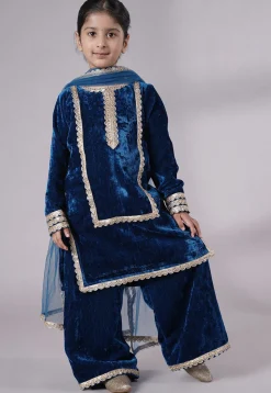 Lace Border Velvet Pakistani Suit in Royal Blue