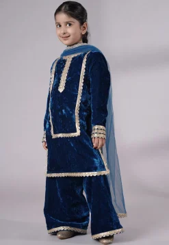 Lace Border Velvet Pakistani Suit in Royal Blue