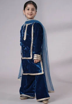 Lace Border Velvet Pakistani Suit in Royal Blue