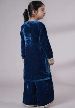 Lace Border Velvet Pakistani Suit in Royal Blue