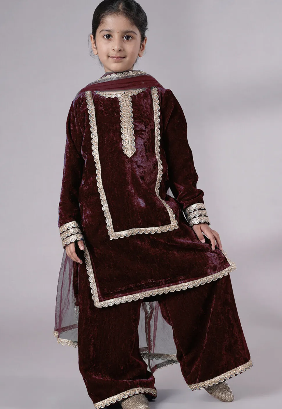 Lace Border Velvet Pakistani Suit in Wine