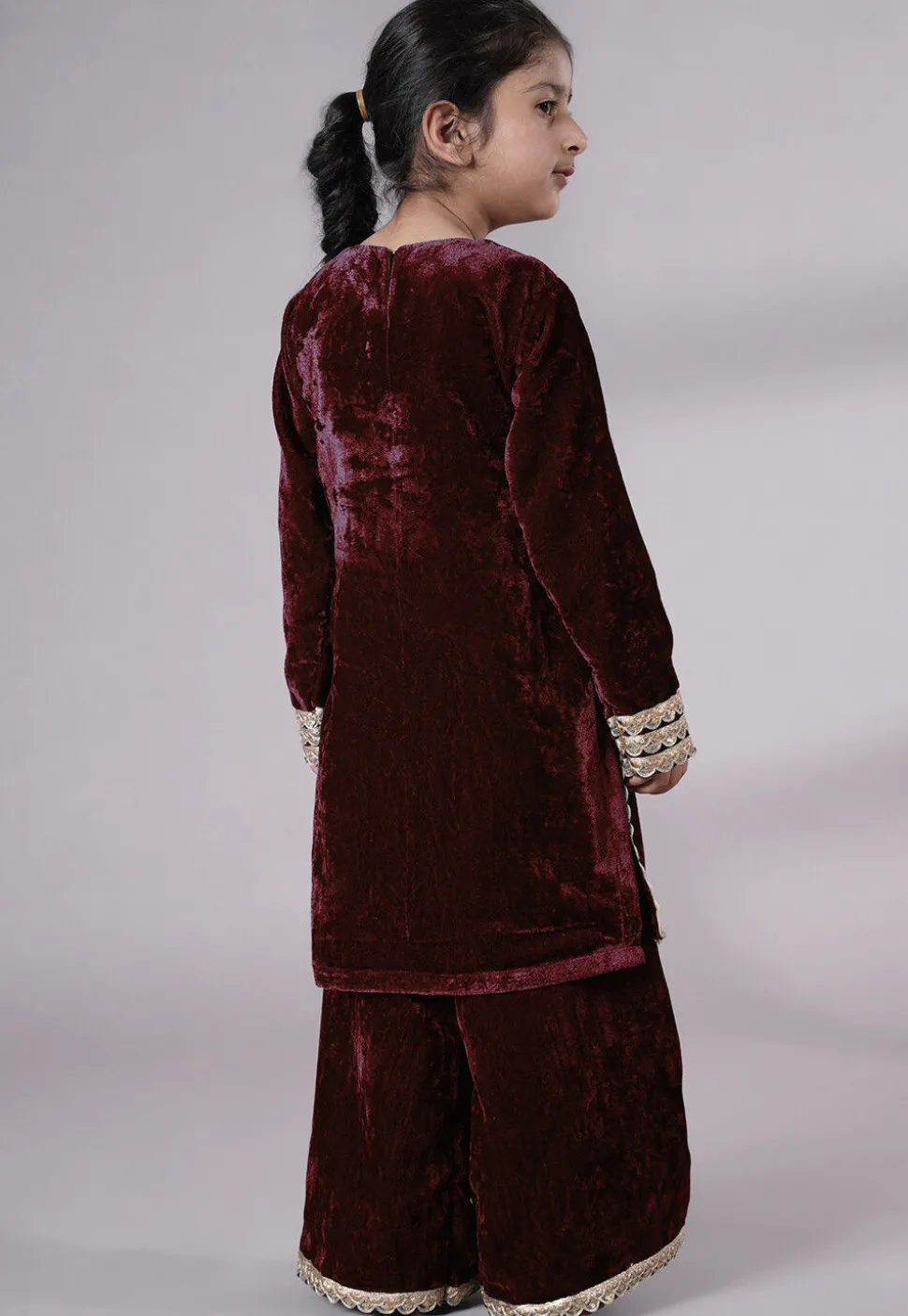 Lace Border Velvet Pakistani Suit in Wine