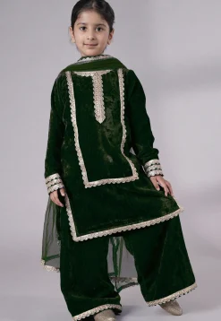 Lace Border Velvet Pakistani Suit in Dark Green