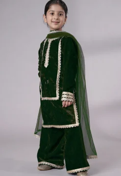 Lace Border Velvet Pakistani Suit in Dark Green