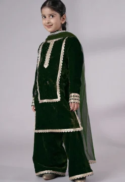 Lace Border Velvet Pakistani Suit in Dark Green