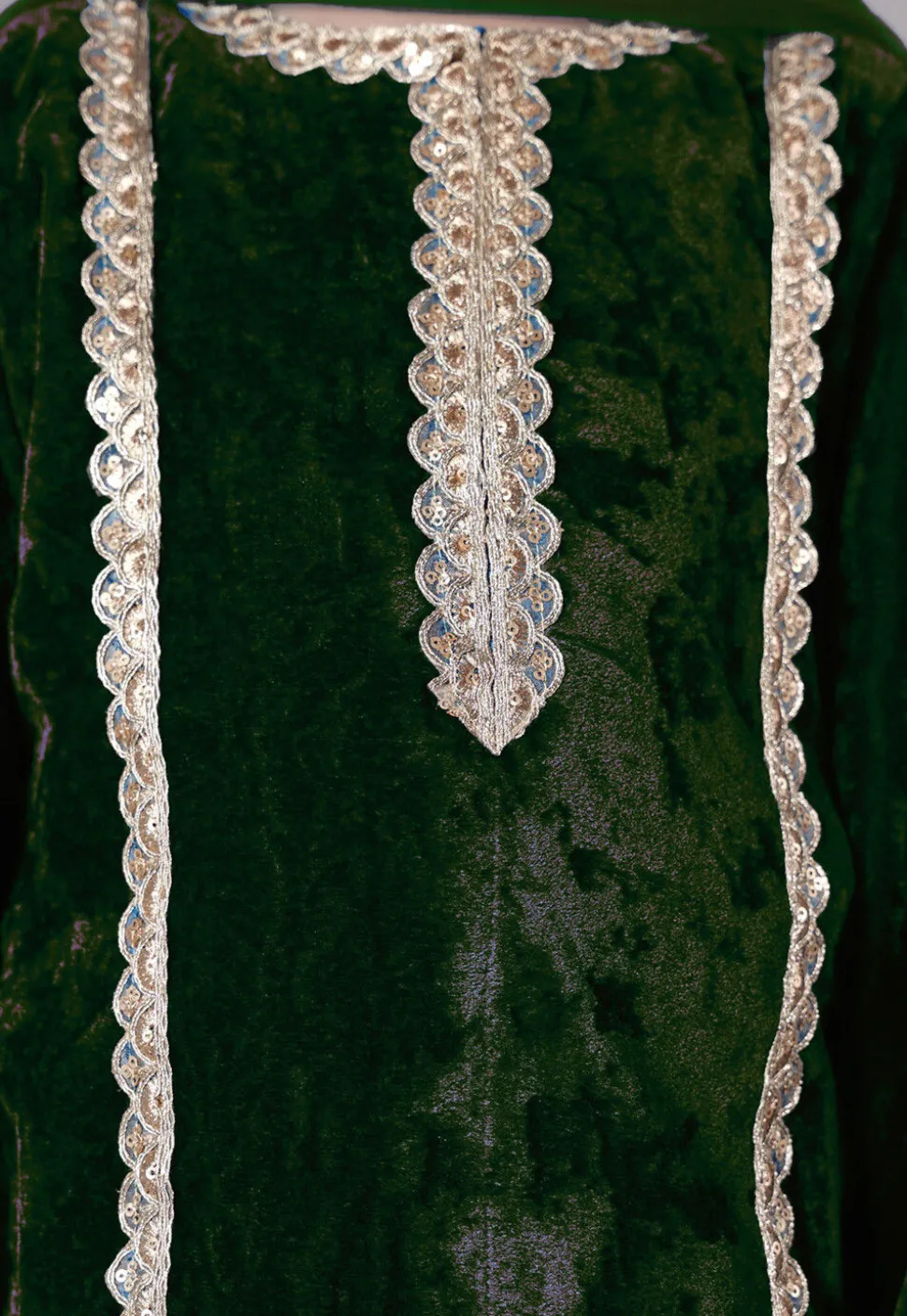 Lace Border Velvet Pakistani Suit in Dark Green