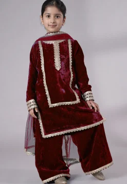 Lace Border Velvet Pakistani Suit in Maroon