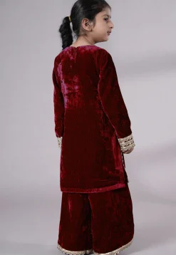 Lace Border Velvet Pakistani Suit in Maroon