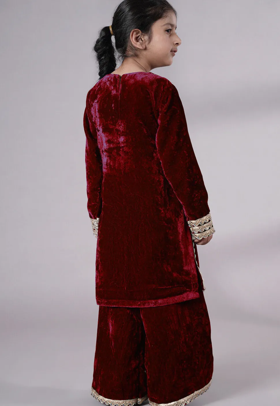 Lace Border Velvet Pakistani Suit in Maroon