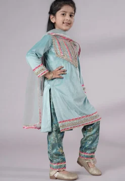 Lace Border Velvet Pakistani Suit in Sky Blue