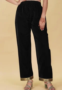 Lace Border Velvet Pant in Black