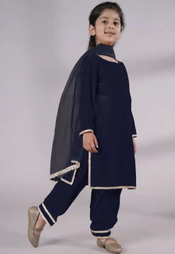 Lace Border Velvet Punjabi Suit in Navy Blue
