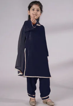 Lace Border Velvet Punjabi Suit in Navy Blue