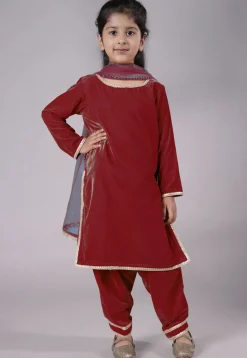 Lace Border Velvet Punjabi Suit in Maroon